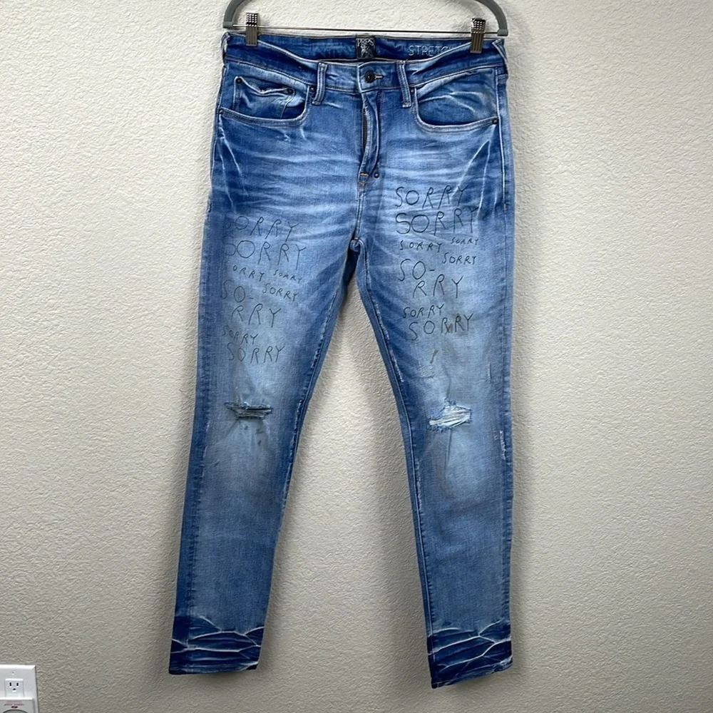 New PRPS Windsor Tapered Skinny Fit Jeans Sorry Graffiti Writing Sz 34